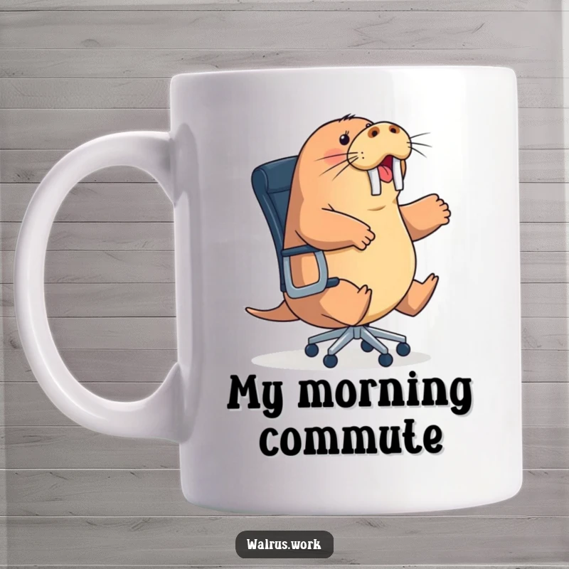 Funny energetic walrus mug showing a sea mammal excitedly trying to ride a rolling office chair, a funny gift.