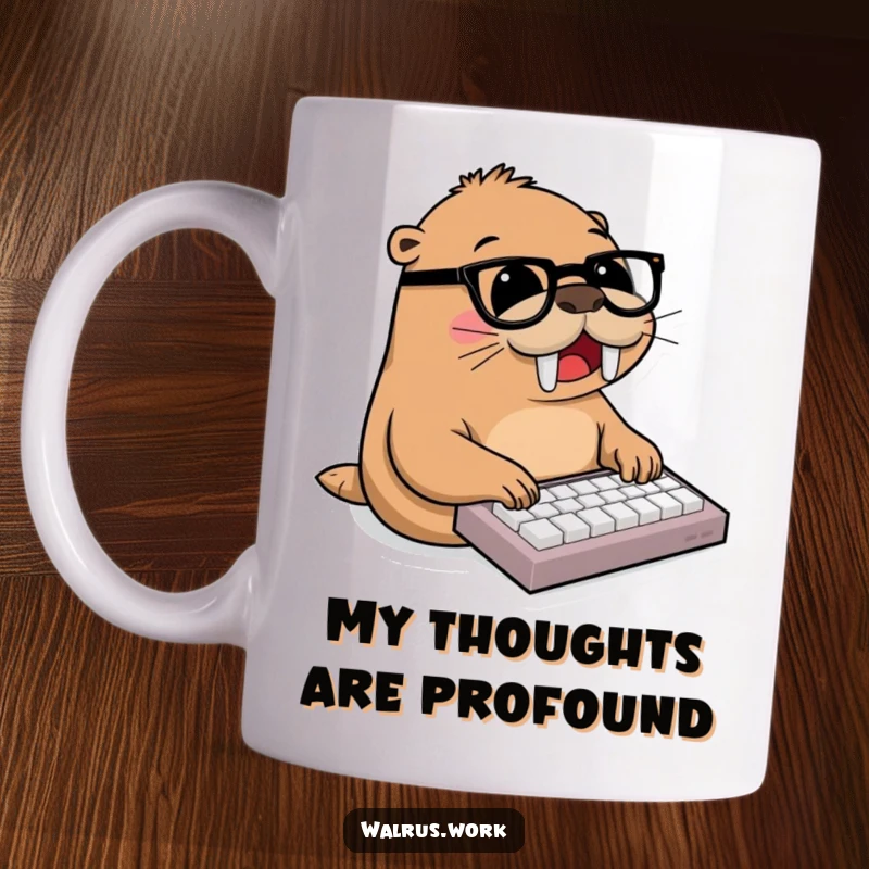 Funny walrus, wearing glasses, joyfully typing on miniature keyboard, office humor, animal lover gift, productive.