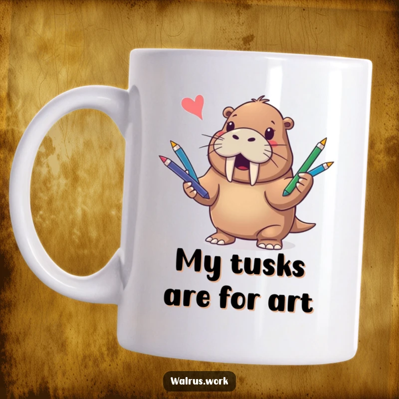 Funny mug featuring a cheerful walrus artistically juggling a vibrant assortment of colorful pens with a joyful expression.