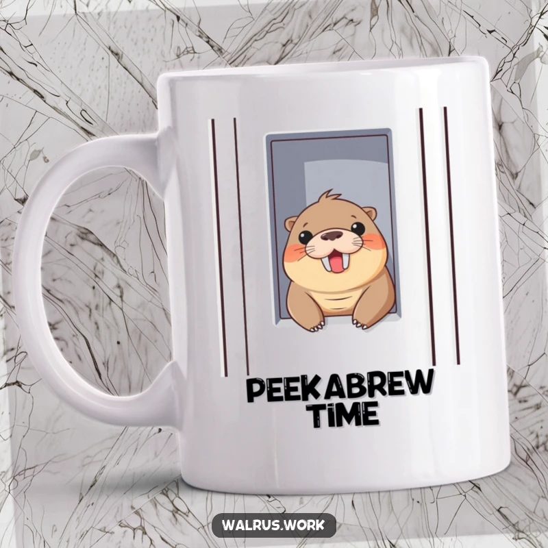 Funny mug featuring a walrus playfully peeking out of a cubicle wall with a cheerful smile, embodying office camaraderie.