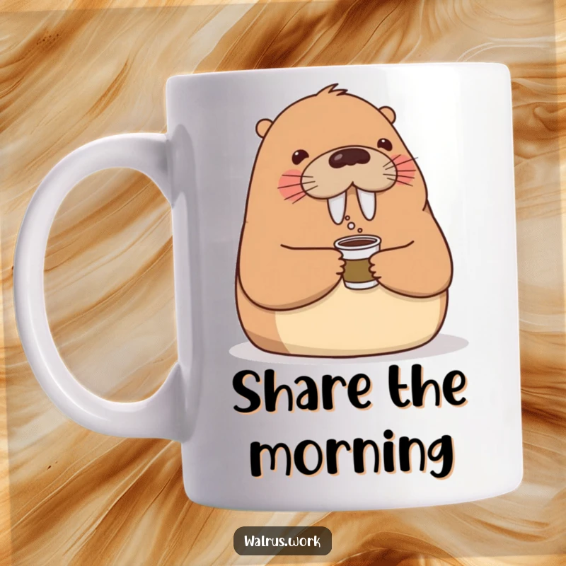 Funny mug featuring a cheerful walrus offering a colleague a minuscule coffee cup with a polite nod, embodying workplace kindness.