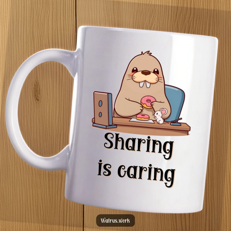 Funny walrus mug showing a beaming walrus character happily sharing a donut with a tiny mouse at an office desk.