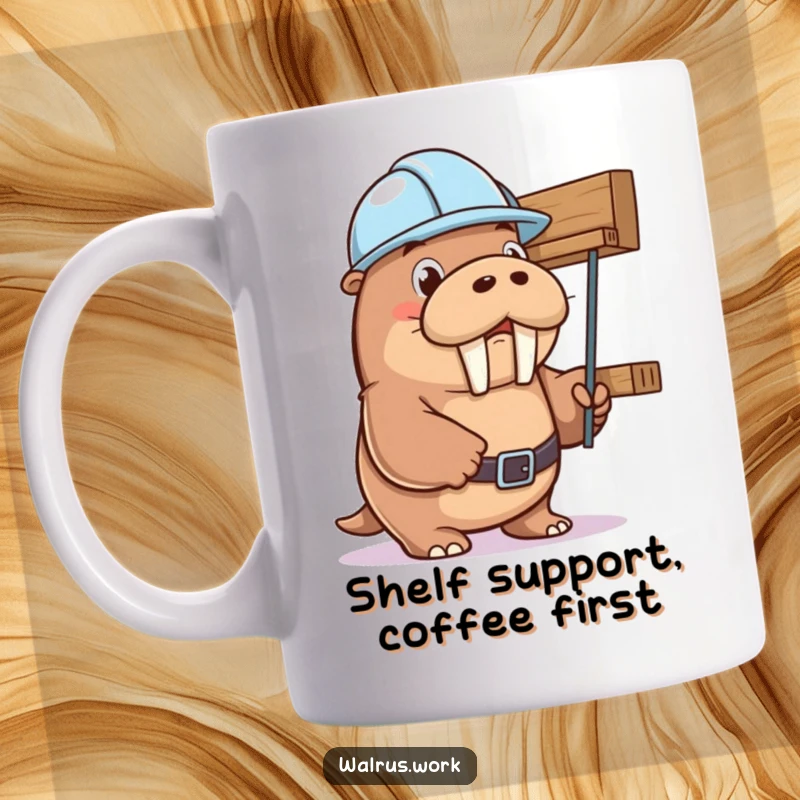 Funny walrus in hard hat humorously holding up a precarious shelf, symbolizing dedication. Great for office humor gifts.