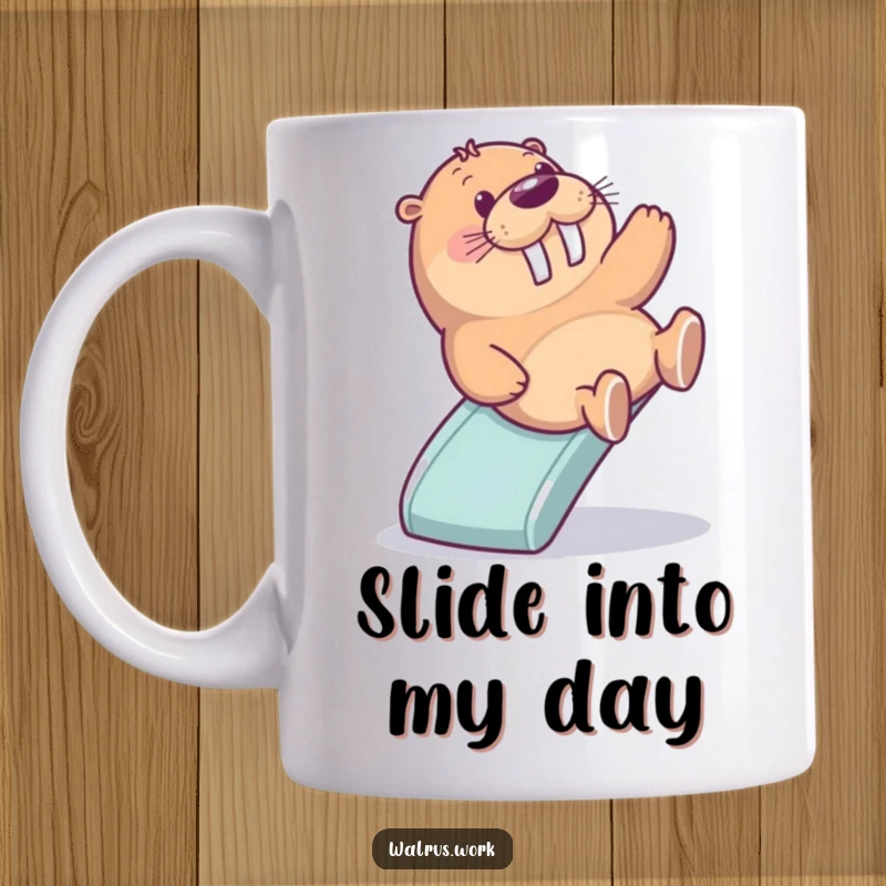 Funny mug depicting a walrus gleefully sliding down a miniature office slide, radiating pure delight and carefree fun.