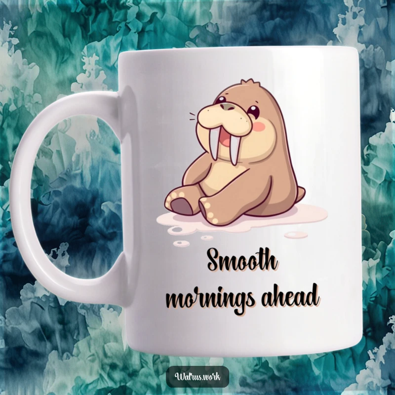 Funny mug depicting a walrus cheerfully sliding across a highly polished floor with a wide grin.
