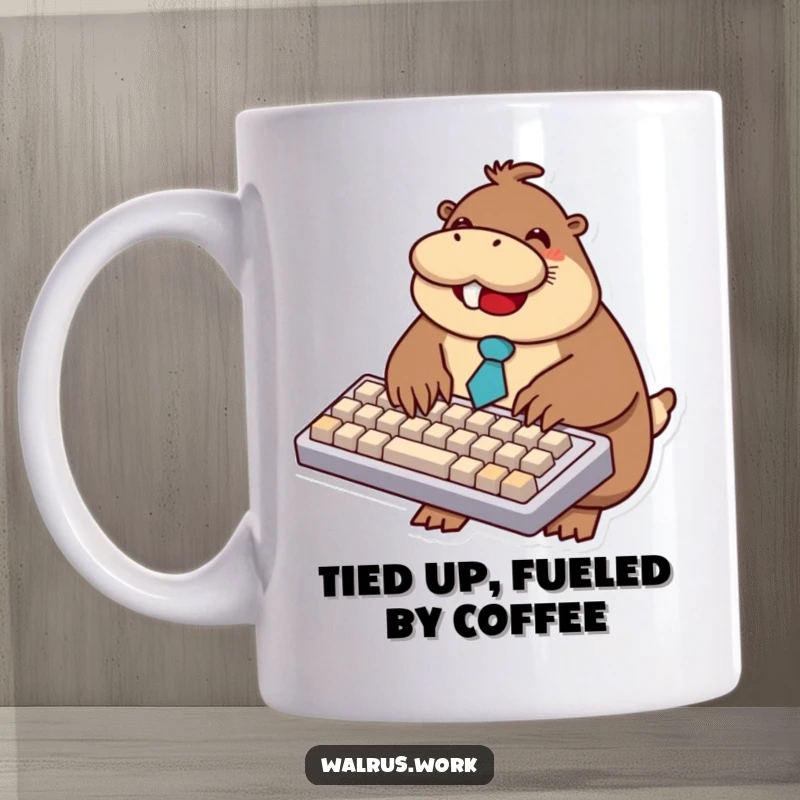 Funny walrus mug showing a smiling walrus in a tiny tie excitedly typing on a comically oversized keyboard.