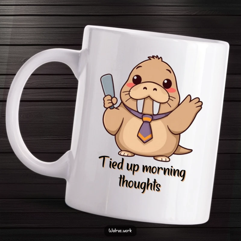 Funny coffee mug with a walrus wearing a tiny, askew tie, confidently gesturing with a flipper.