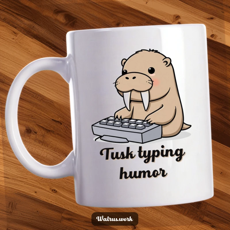 Funny mug showing a determined walrus using its tusks to playfully tap on a computer keyboard, a unique typing method.