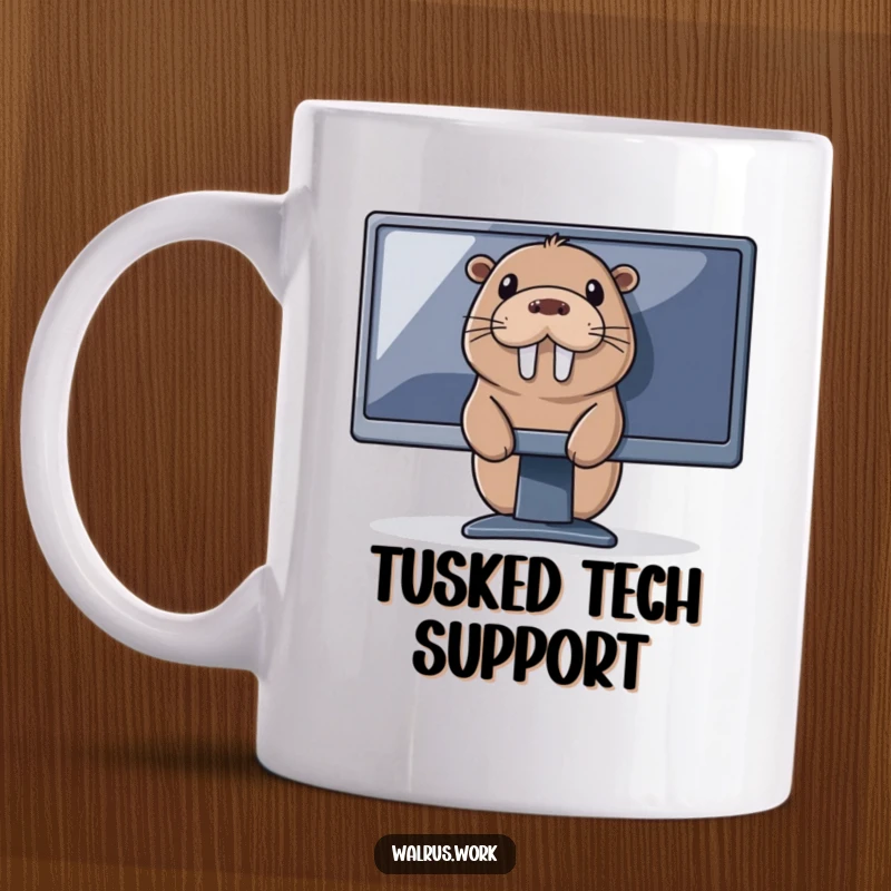 Funny tech walrus mug with a large walrus peeking curiously from behind a computer monitor, suggesting tech support or internet browsing.