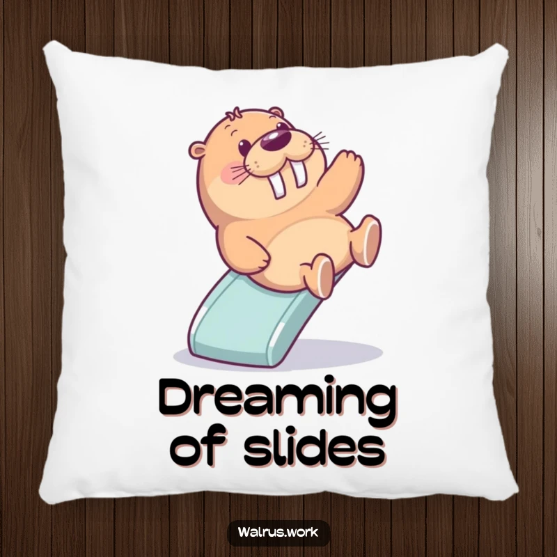 Funny pillow featuring a delighted walrus sliding down a miniature office slide, perfect for adding comfort and a playful touch.