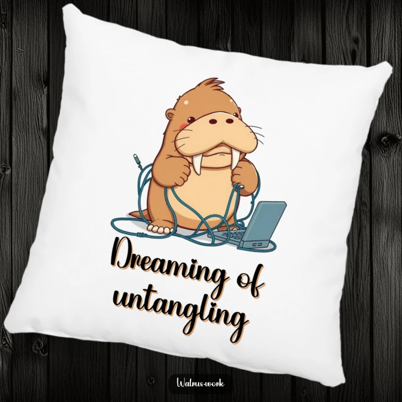 Funny walrus pillow showing a determined walrus character humorously entangled in a pile of computer cables, bringing comfort.
