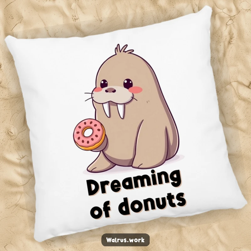 Funny smiling walrus pillow offering a tiny donut from its flipper, a soft and sweet funny gift.