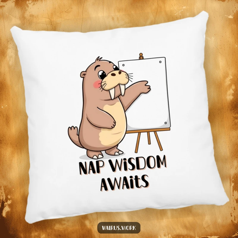 Funny pillow featuring an enthusiastic walrus pointing at a whiteboard, designed for comfort and to inspire creative thinking.