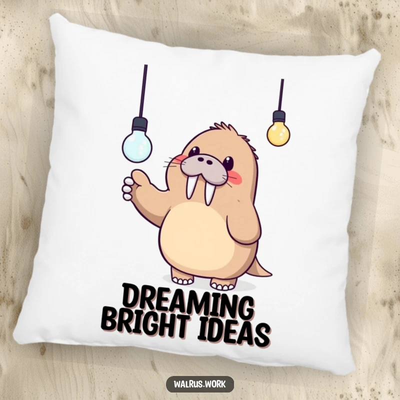 Funny pillow with a cute Kawaii walrus pointing at a lightbulb, offering comfort and a reminder of bright ideas.