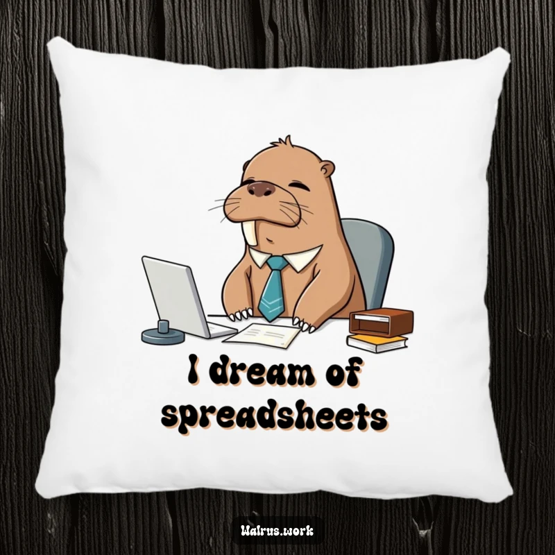 Funny sleepy walrus wearing a tie, looking tired at a desk, on a soft pillow, perfect for adding humor to furniture.