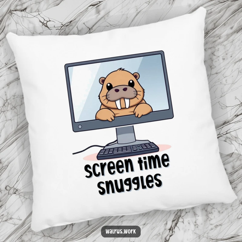 Funny pillow featuring a walrus peeking over a large computer monitor, offering cozy comfort and a humorous tech-themed accent.