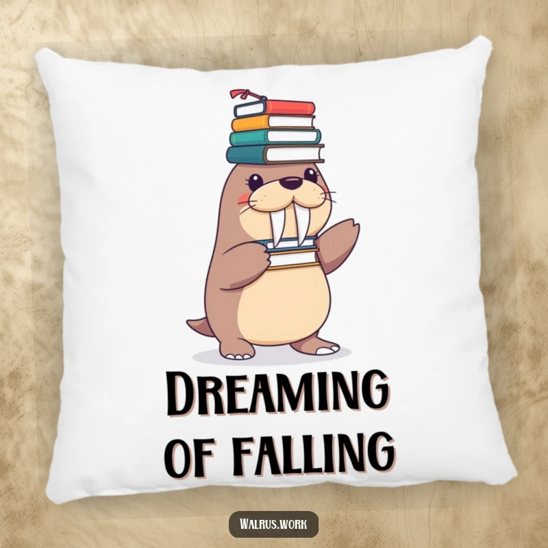 Funny pillow with a playful walrus character humorously balancing a teetering stack of office supplies on its flippers.