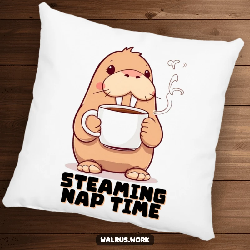 Funny walrus pillow illustrating a walrus holding a steaming coffee cup, ideal for adding humorous comfort to a sofa or bed.