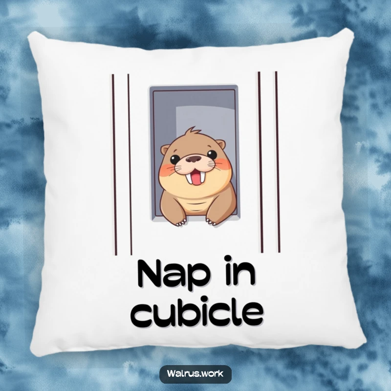 Funny pillow featuring a walrus playfully peeking out of a cubicle with a cheerful smile, offering humorous comfort.