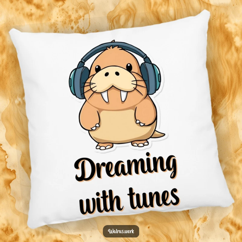 Soft pillow featuring a funny walrus character wearing oversized headphones with a comical expression, adding humorous comfort.