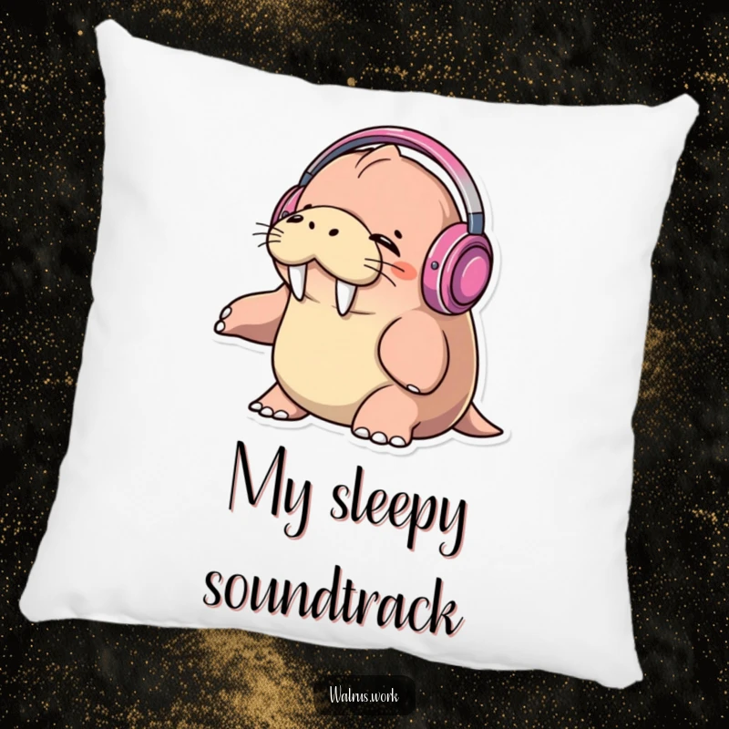 Funny walrus wearing headphones, eyes closed, bopping head to music on a soft pillow, ultimate comfort.