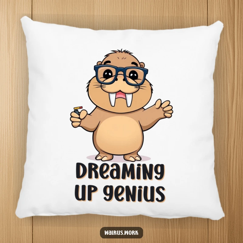 Funny pillow featuring a walrus in glasses triumphantly pointing at a whiteboard, offering comfort and humor.