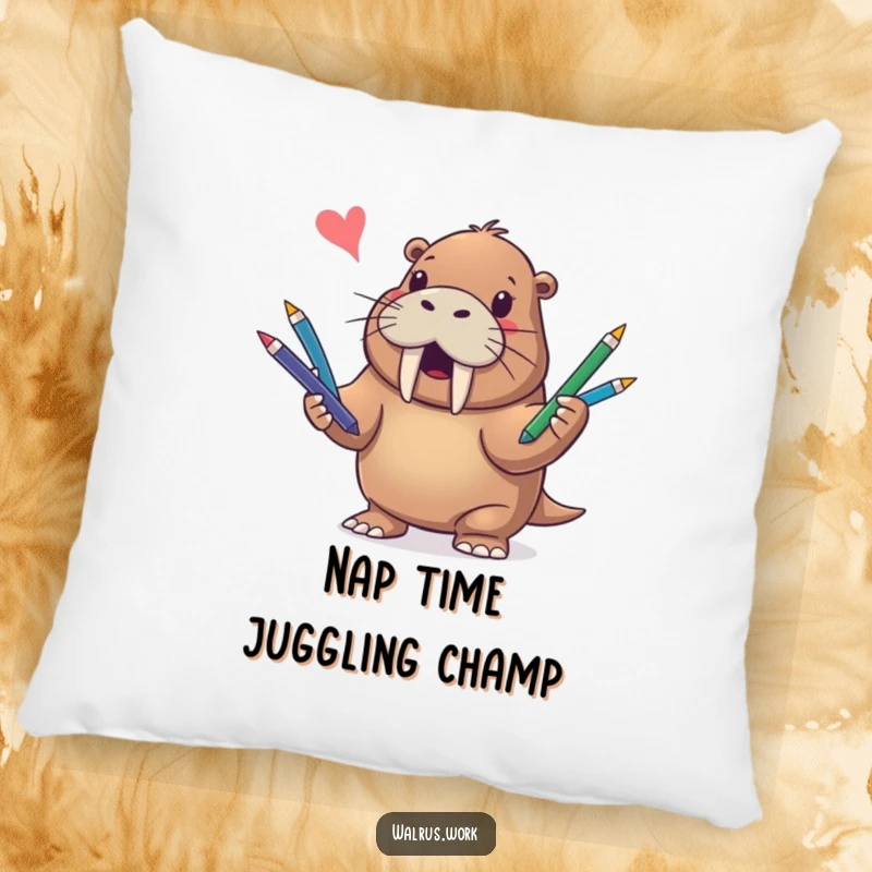 Funny pillow featuring a happy walrus in the act of juggling several colorful pens, designed for maximum comfort and amusement.