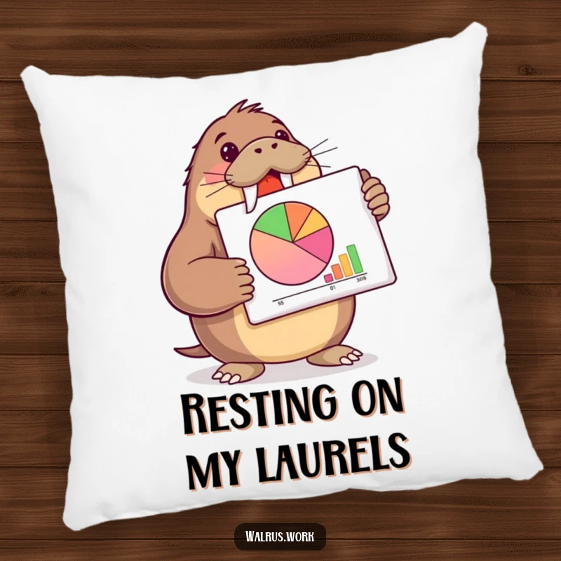 Funny humorous walrus pillow with a walrus presenting a pie chart, perfect for cute and funny decor.