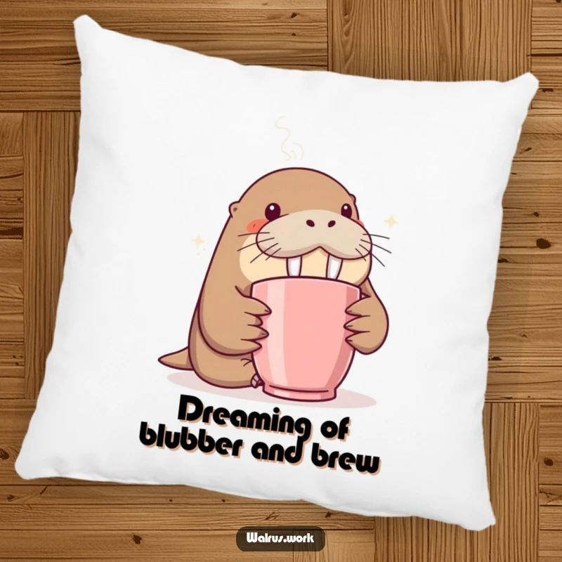 Funny pillow featuring a walrus curiously sniffing coffee steam, offering comfort and humor for a couch or bed.