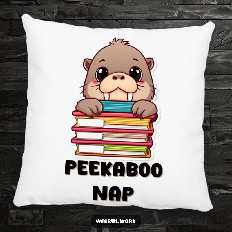 Funny pillow featuring a curious walrus character with expressive big eyes, peeking from behind a pile of organized file folders.