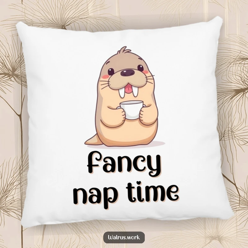 Funny pillow with a playful walrus balancing a delicate teacup on its snout, offering humorous comfort and whimsical style.