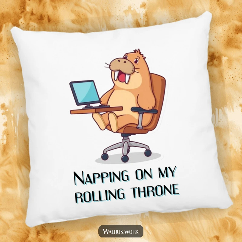 Funny pillow featuring a walrus gleefully riding an office chair, offering comfort and humor for relaxation.