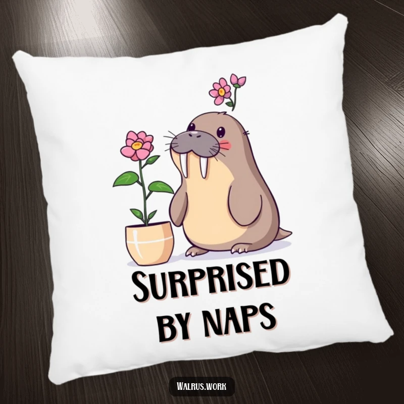 Funny walrus pillow with a walrus surprised by a blooming desk plant, great for cozy surprises.