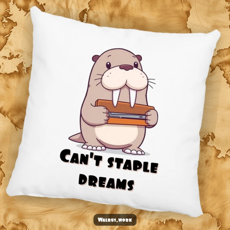 Funny walrus pillow showing a walrus character comically trying to use a stapler that is much too large for comfortable grip.