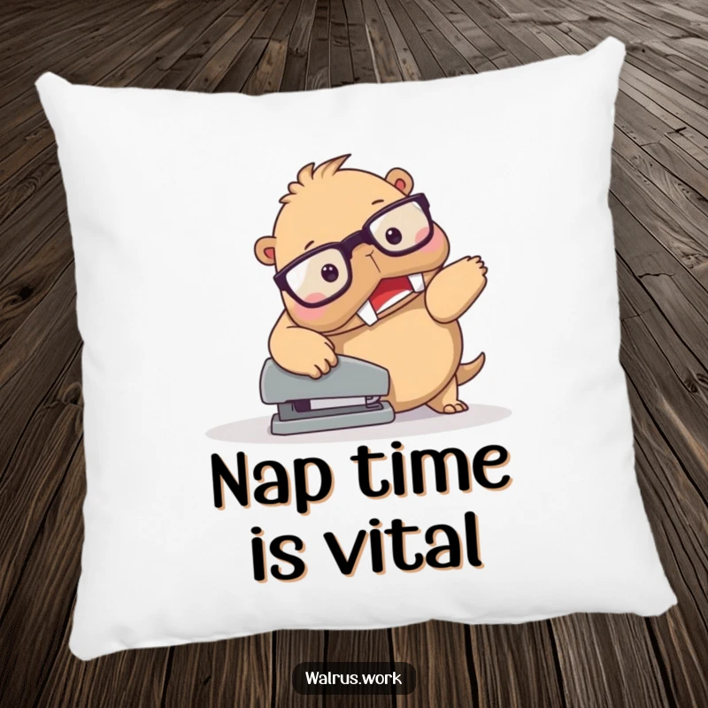 Funny Walrus Stapler Trip Pillow: Comical walrus character with spectacles tripping over a stapler, offering a soft and humorous decor piece.