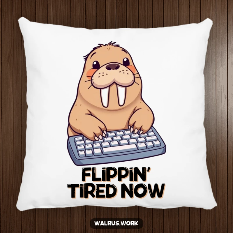 Funny walrus pillow illustrating a walrus using its flippers to type on a keyboard, a humorous and cozy decorative item.