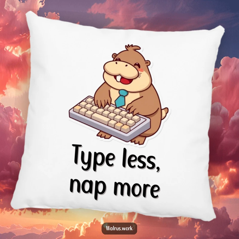 Funny walrus pillow featuring a smiling walrus in a tie typing on a comically oversized keyboard, perfect for comfort.