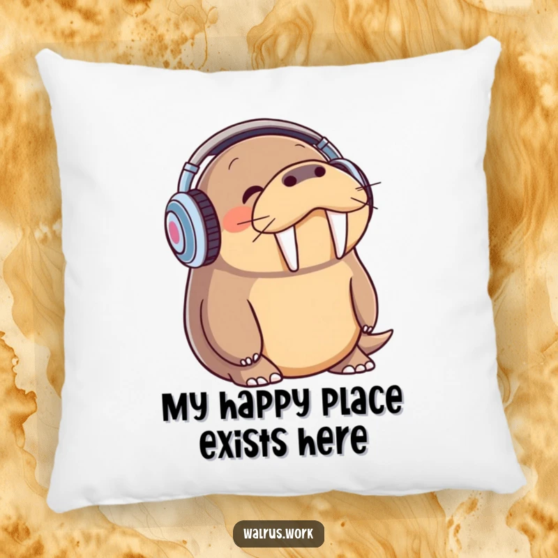 Funny walrus with headphones, happily bopping its head, soft and decorative pillow.