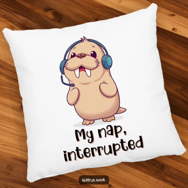 Funny pillow featuring a surprised walrus wearing a headset, ready for calls but caught off guard, adding comfort and laughs.