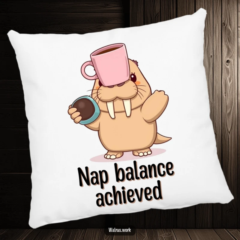 Soft pillow featuring a funny walrus character precariously balancing a coffee mug on its nose, adding comical comfort.