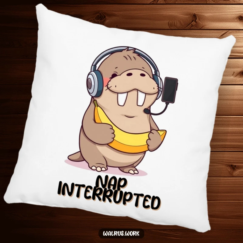 Funny pillow featuring a giggling walrus with a headset, mistakenly using a banana as a phone, offering cozy comfort and humor.