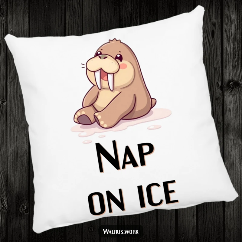 Funny pillow featuring a walrus mid-slide on a polished surface, bringing comfort and smiles.