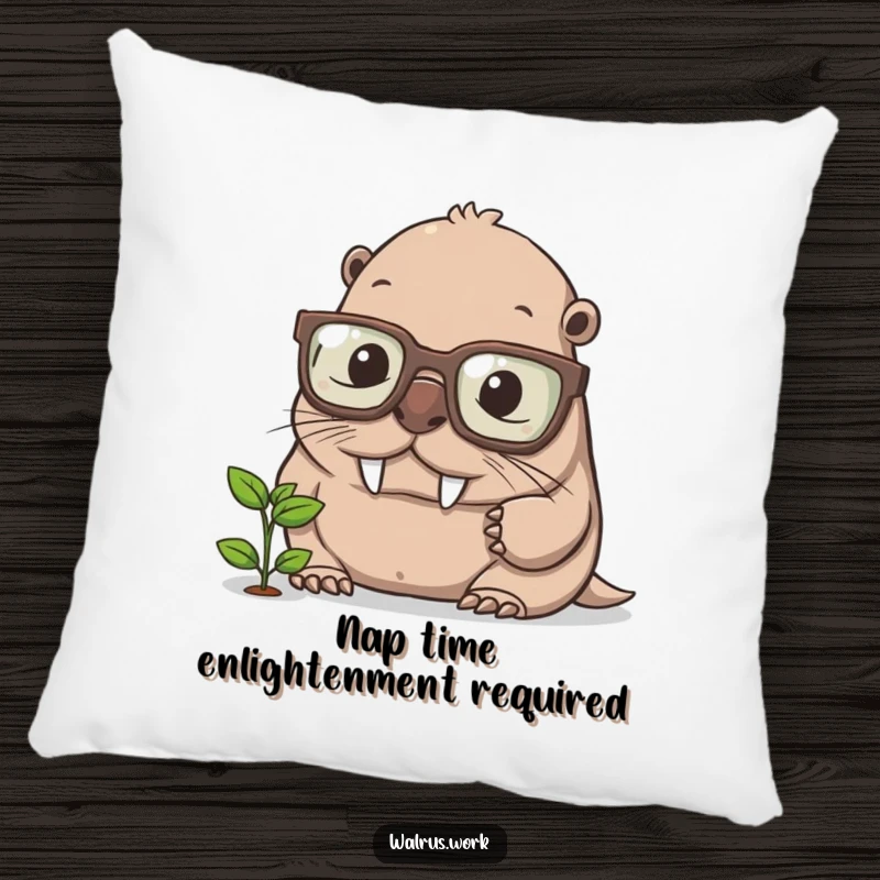 Funny walrus pillow, a bespectacled walrus in deep thought, observing a tiny sprout, providing comfort and a chuckle.