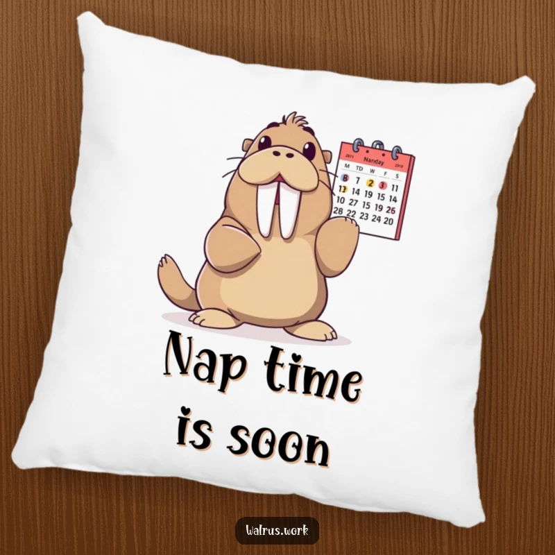 Funny Walrus Pillow: A walrus joyfully points to a calendar, bringing dramatic and humorous flair to this cozy decorative pillow.