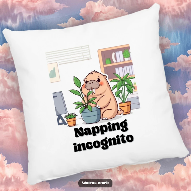 Funny office walrus pillow with a walrus hiding behind a potted plant, cozy and humorous accent.