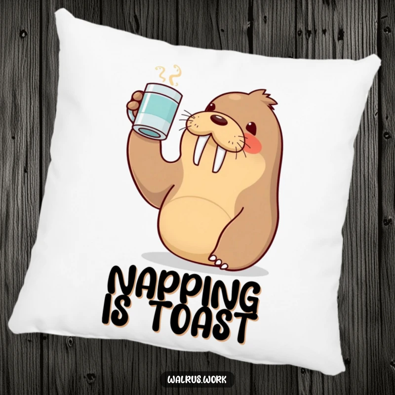 Funny pillow with a cute Kawaii walrus raising a coffee mug in a toast, offering comfort and a reminder of good cheer.