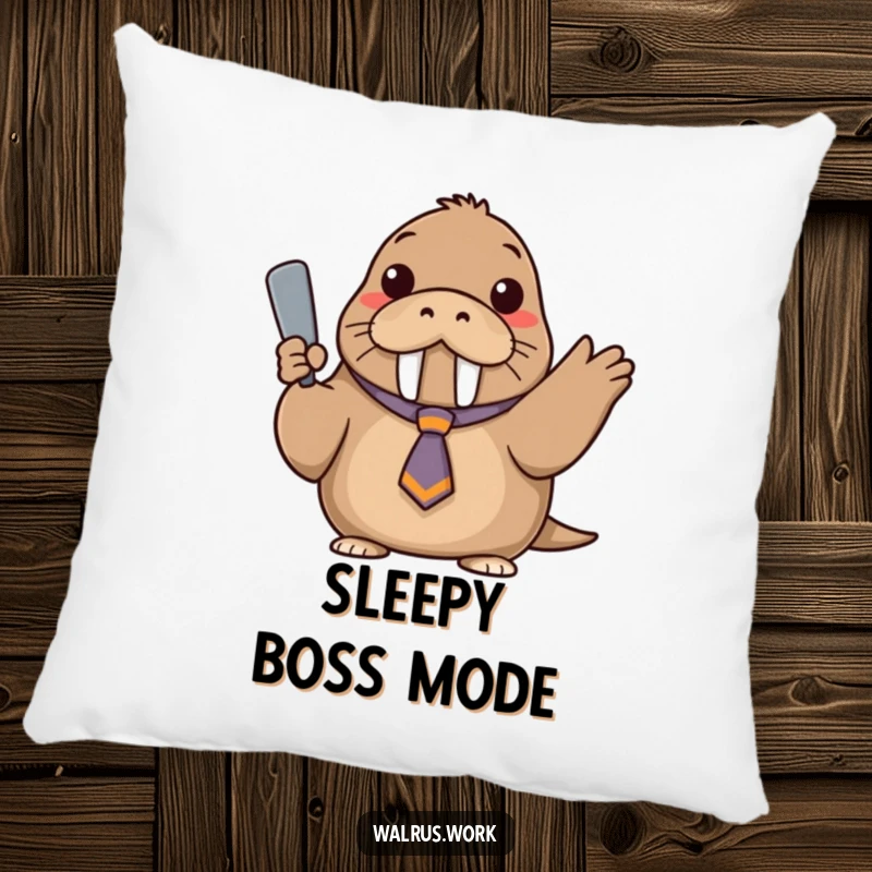 Funny decorative pillow featuring a walrus wearing a tiny, askew tie, confidently gesturing with a flipper.