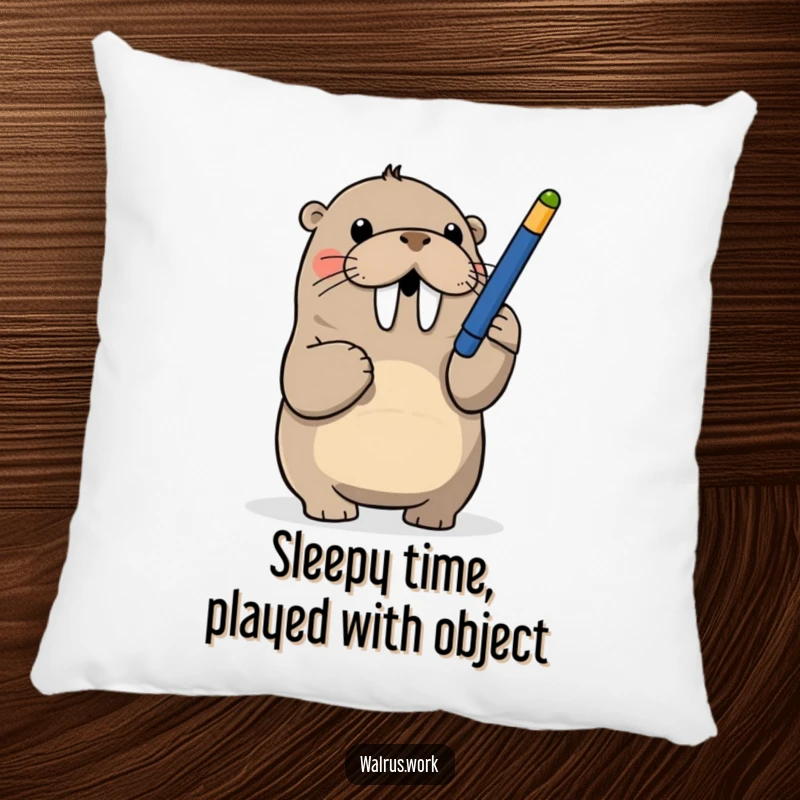 Funny pillow featuring a walrus playfully batting at a dangling pen, offering comfort and humor for relaxation.