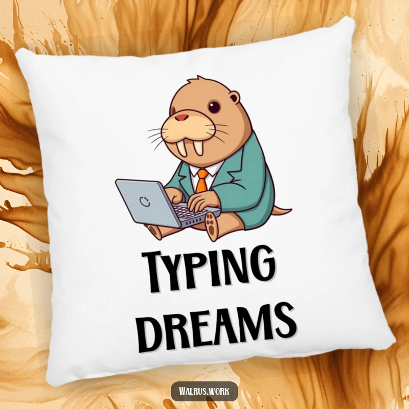 Funny pillow featuring a walrus in a tiny suit typing enthusiastically on a laptop, offering humorous comfort.
