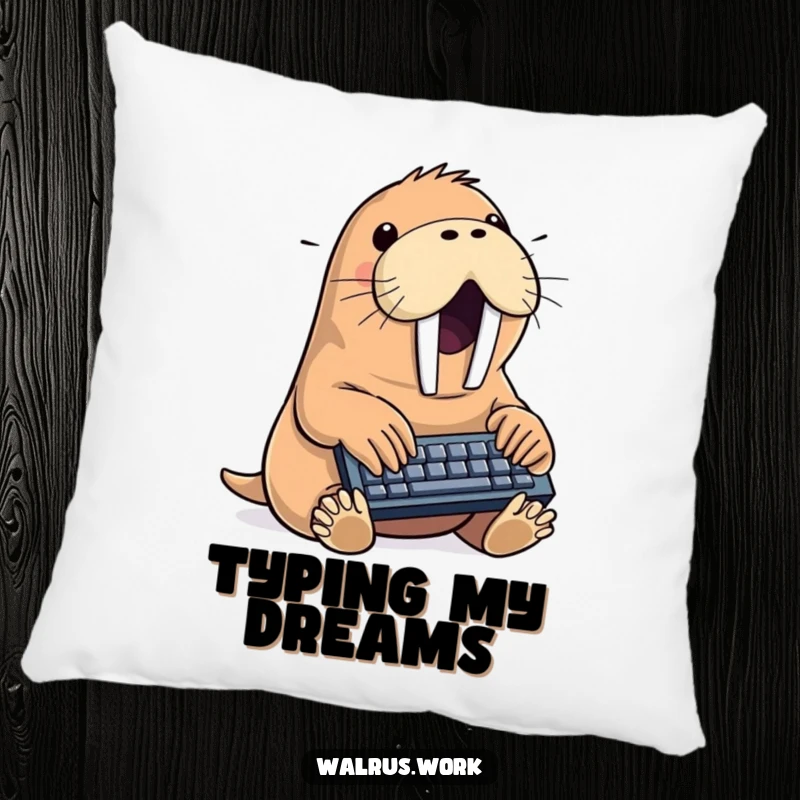 Funny walrus pillow showing a sea mammal typing intently on a small keyboard, a comfortable and humorous decorative item for any space.